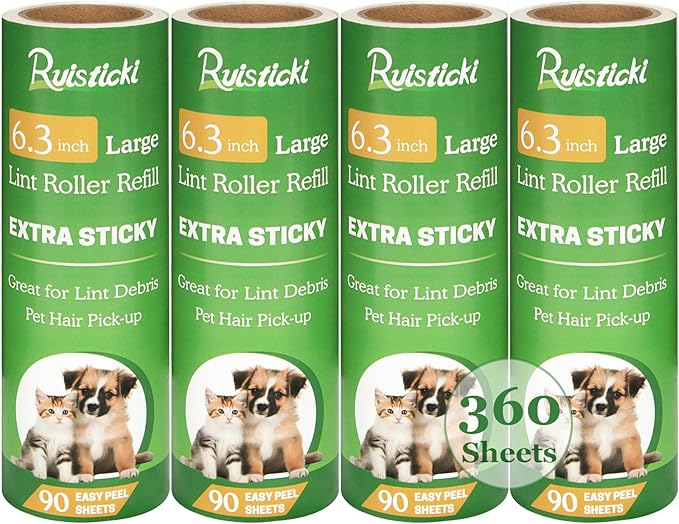 6.3 inch Lint Roller Refills Only, Extra Sticky Large Surface Lint Roller Replacement Refills 6.3 inch Long for Pet Hair Removal, Pack of 4 Refills, 90 Sheets per Refill, 360 Sheets Total