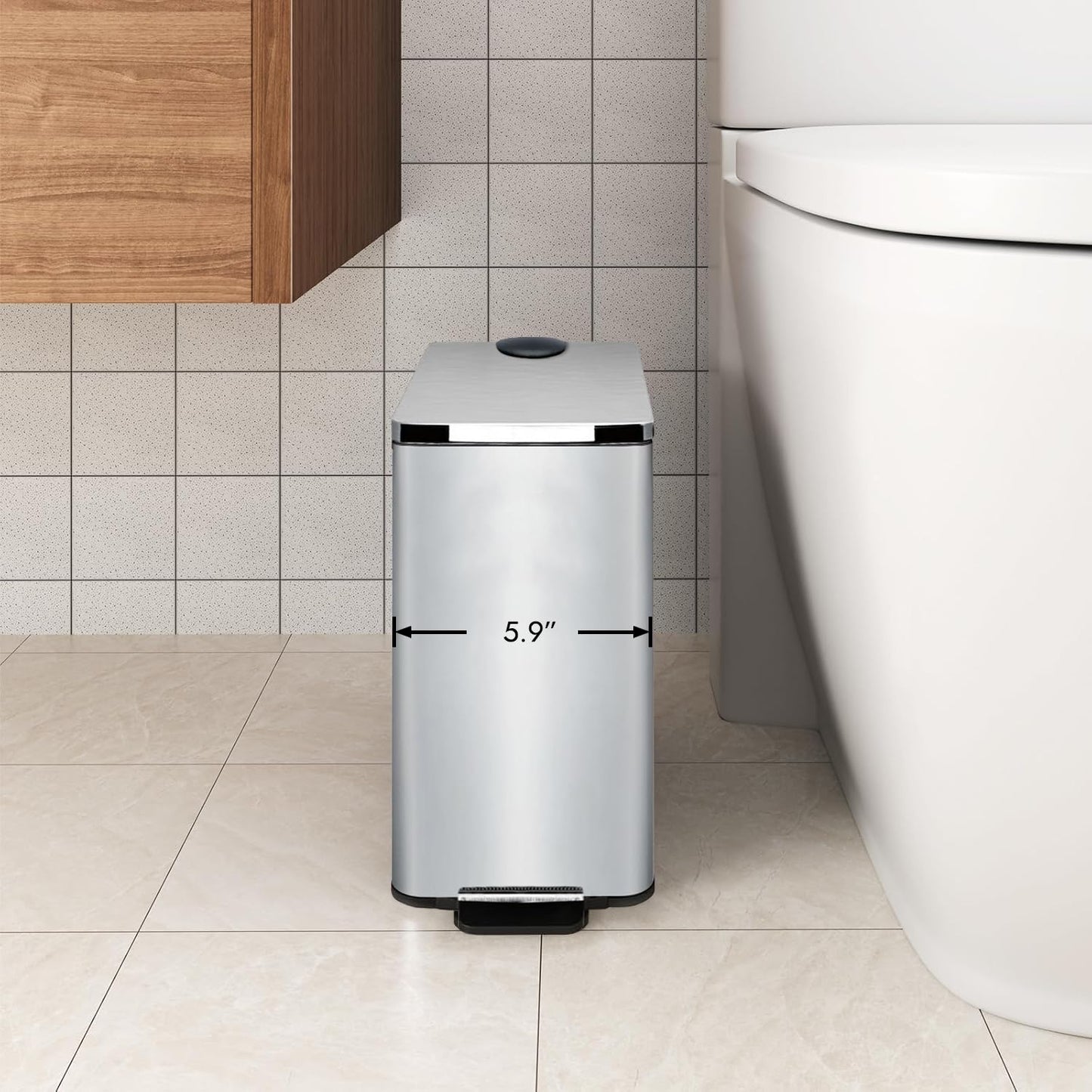 Stainless Steel Small Trash Can with Lid & Step Pedal - 6 Liters/1.6 Gallon Soft Close Garbage Can with Removeable Inner Bucket - Trash Cans for Bathroom, Bedroom, Kitchen & Office (Chrome)