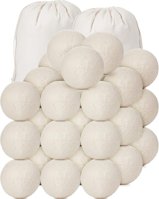 Roowest 24 Pcs Wool Dryer Balls Set Reusable Laundry Wool Balls with Muslin Bags Fabric Softener Anti Wrinkle Anti Static Saving Energy and Time