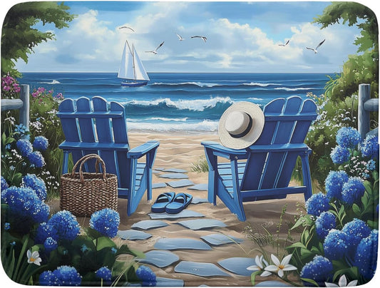 Summer Beach Dish Drying Mat 18x24 Inch Sea Shells Flowers Kitchen Mats Blue Microfiber Absorbent Dish Drainer Rack Mats Non-Slip Ocean Themed Sink Dishes Pad for Kitchen Counter Coffee Bar