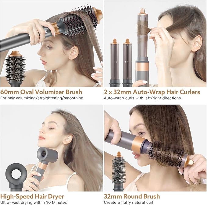 5 in 1 Hot Air Brush Hair Dryer Air Styler - 110,000 RPM Fast Drying, Curling, Straightening with Ceramic Coating & Negative Ion, No Heat Damage for All Hair Types, Includes Travel Case (Gold)