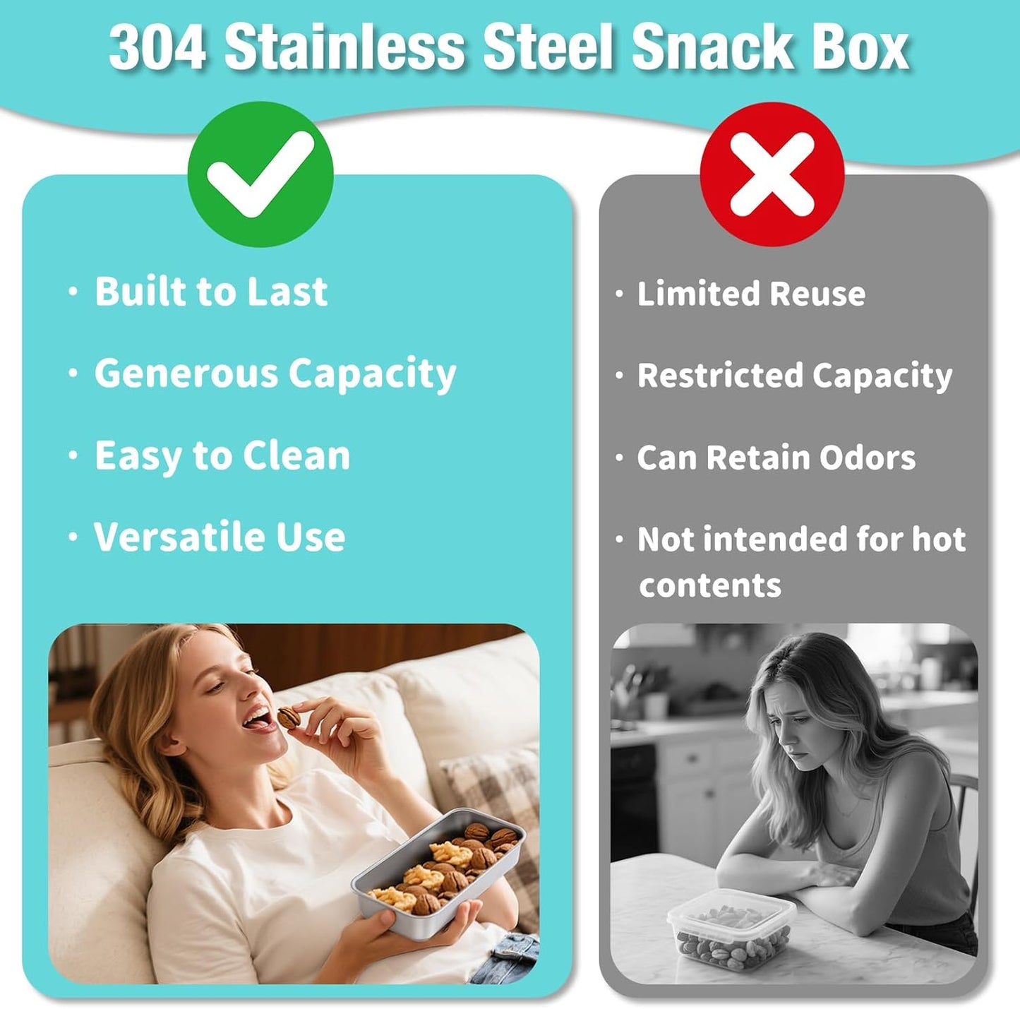 6 Pack Stainless Steel Snack Containers with Lids, 2-Compartment Bento Box, Lunch Box & Salad Dressing Container To Go, Leakproof Food Storage for Adults, Dishwasher Safe for Travel Office
