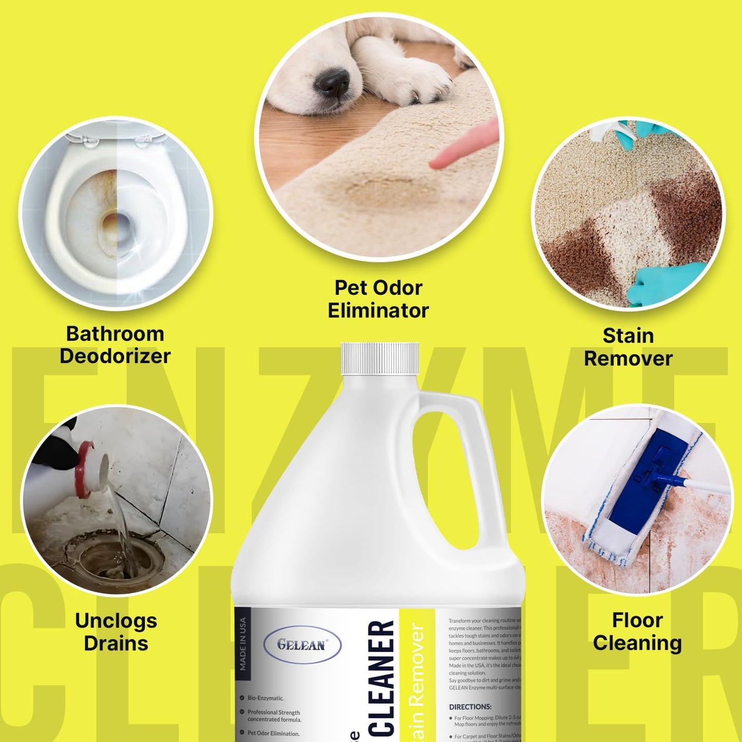 Multi-Purpose Probiotic Enzyme Cleaner, Made in USA - Pet Stain and Odor Remover - Concentrated - Professional & Home Strength Drains, Floors, Bathrooms, Toilets Trash Can, (1 gallon, Citrus)