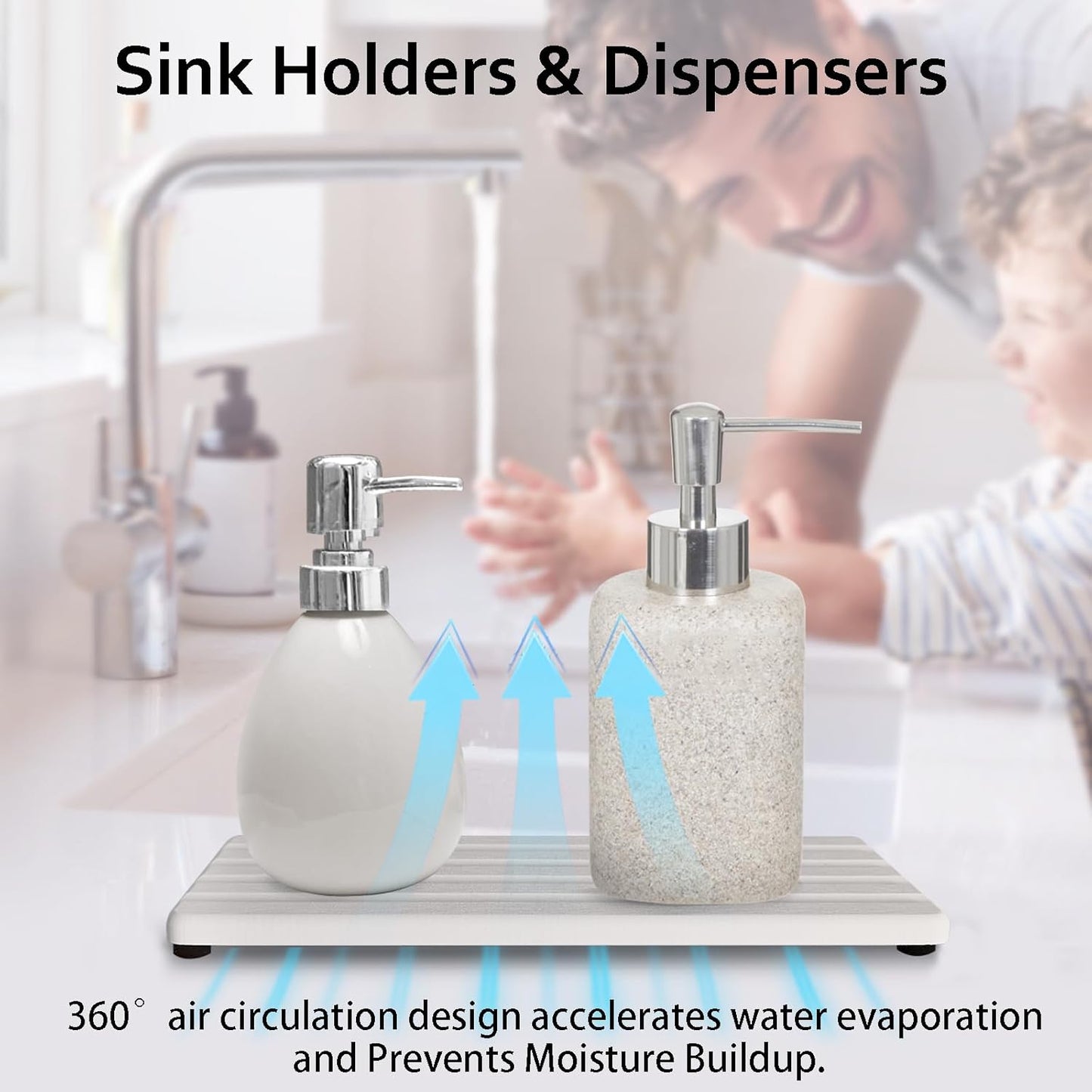 2 PCS Water Absorbing Stone Trays for Bathroom Sink & Kitchen Counter, Fast-Drying Diatomite Sink Caddy, Vanity Tray, Hand Soap Holder with Anti-Skid Pads (White, 8.7" x 4"/22 x 10cm)