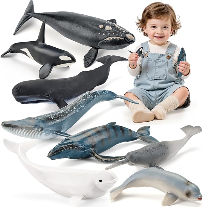 8PCS Whale Figurines Toys for Toddlers, Realistic Ocean Animals Figures Sea Creatures Toys for Kids Includes Beluga Orca Blue Whale, Birthday Party Favors & Gifts for Boy Girl