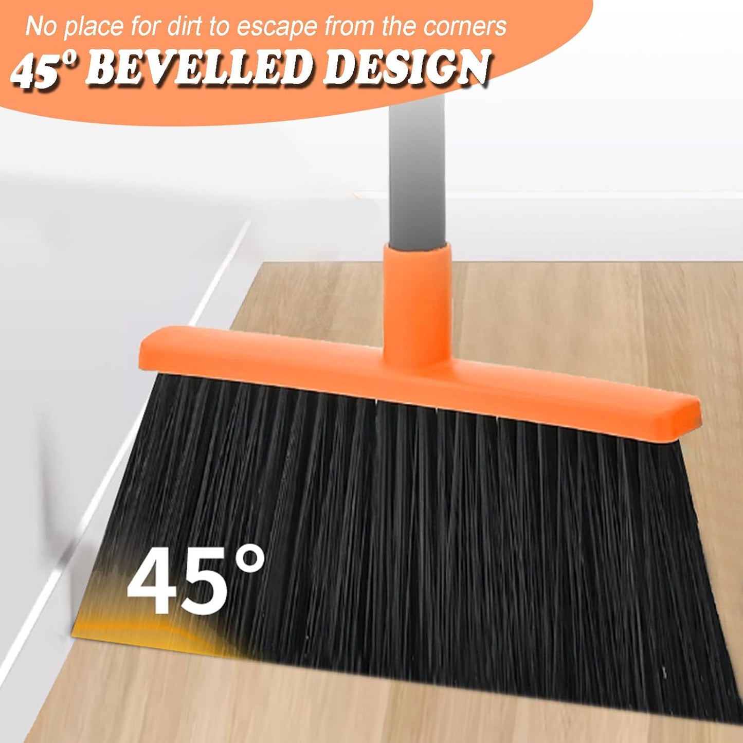 Heavy-Duty Adjustable Angle Broom with 56" Steel Handle - Ideal for Home, Garage, Kitchen, Bathroom, Office, and Outdoor Use - Durable & Efficient Cleaning Tool for Hard Floors (Orange)