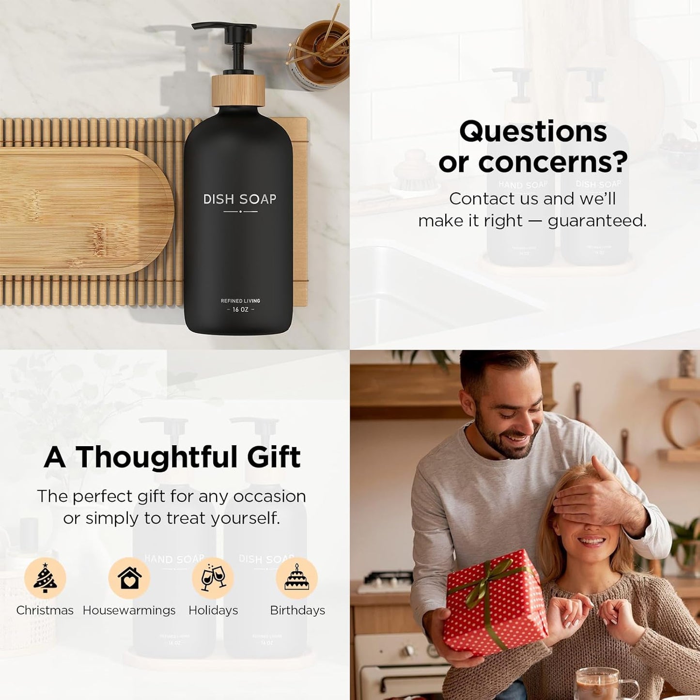 Hand and Dish Soap Dispenser Set,16oz Glass Bottles with Printed Labels, Bamboo Tray & Pump,Countertop Soap Dispensers for Kitchen,Luxury, Minimalist & Farmhouse Decor (Hand Dish (Black))