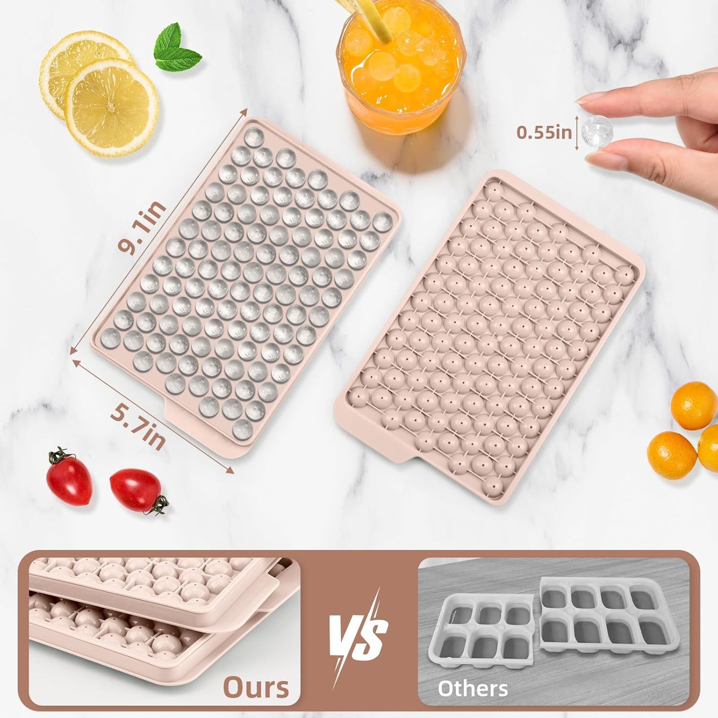 WIBIMEN Mini Ice Cube Trays, Small Tiny Round Pebble Crushed Nugget Ice Trays for Freezer with Lid - Chilling Drinks Coffee Juice(4 Pack/0.55In - Pink)