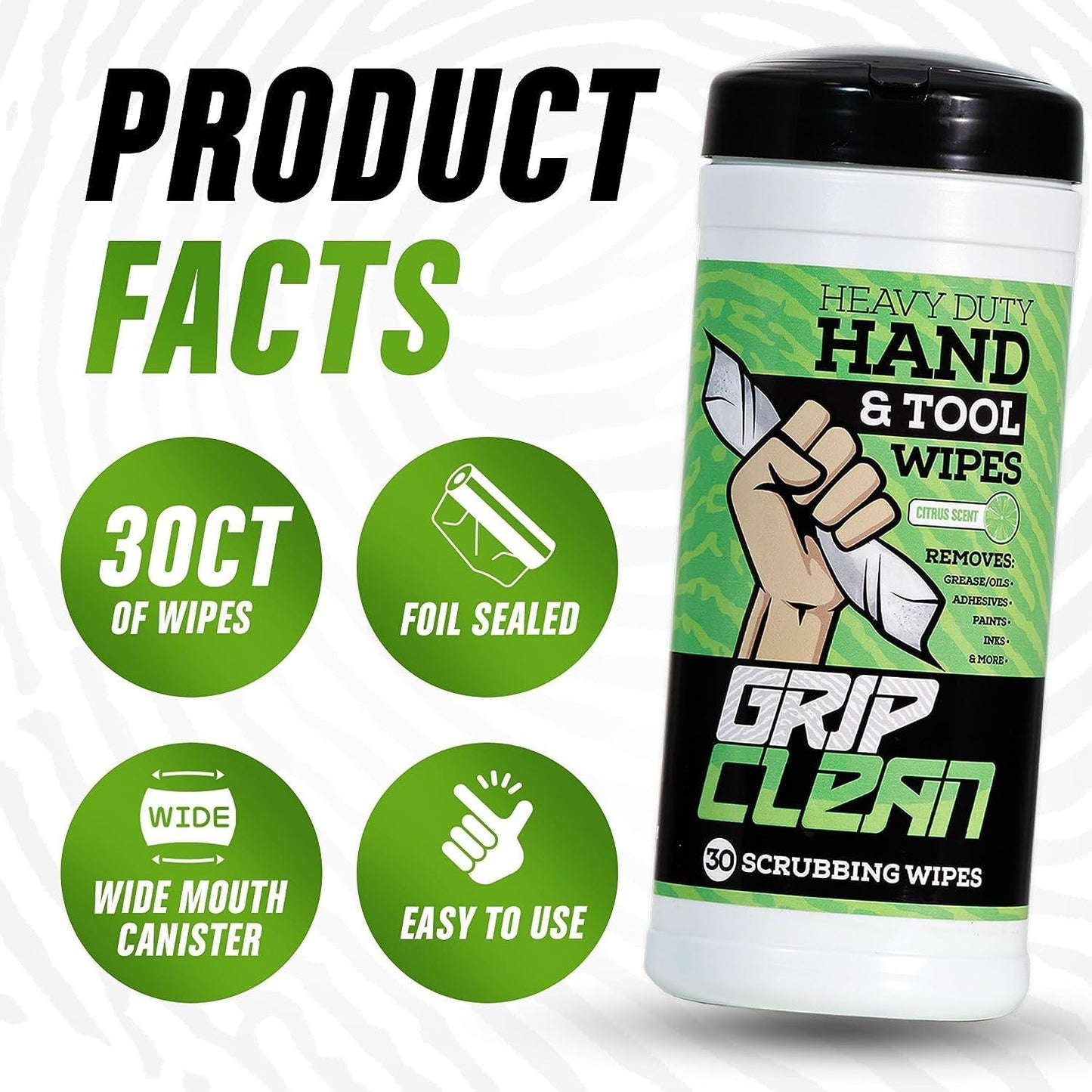 Grip Clean Heavy Duty Hand & Tool Cleaning Wipes – Waterless Hand Cleaner for Mechanics, Garage & Shop Use – Dual-Sided Grease, Oil & Paint Remover Wipes with Citrus Scent - 30ct