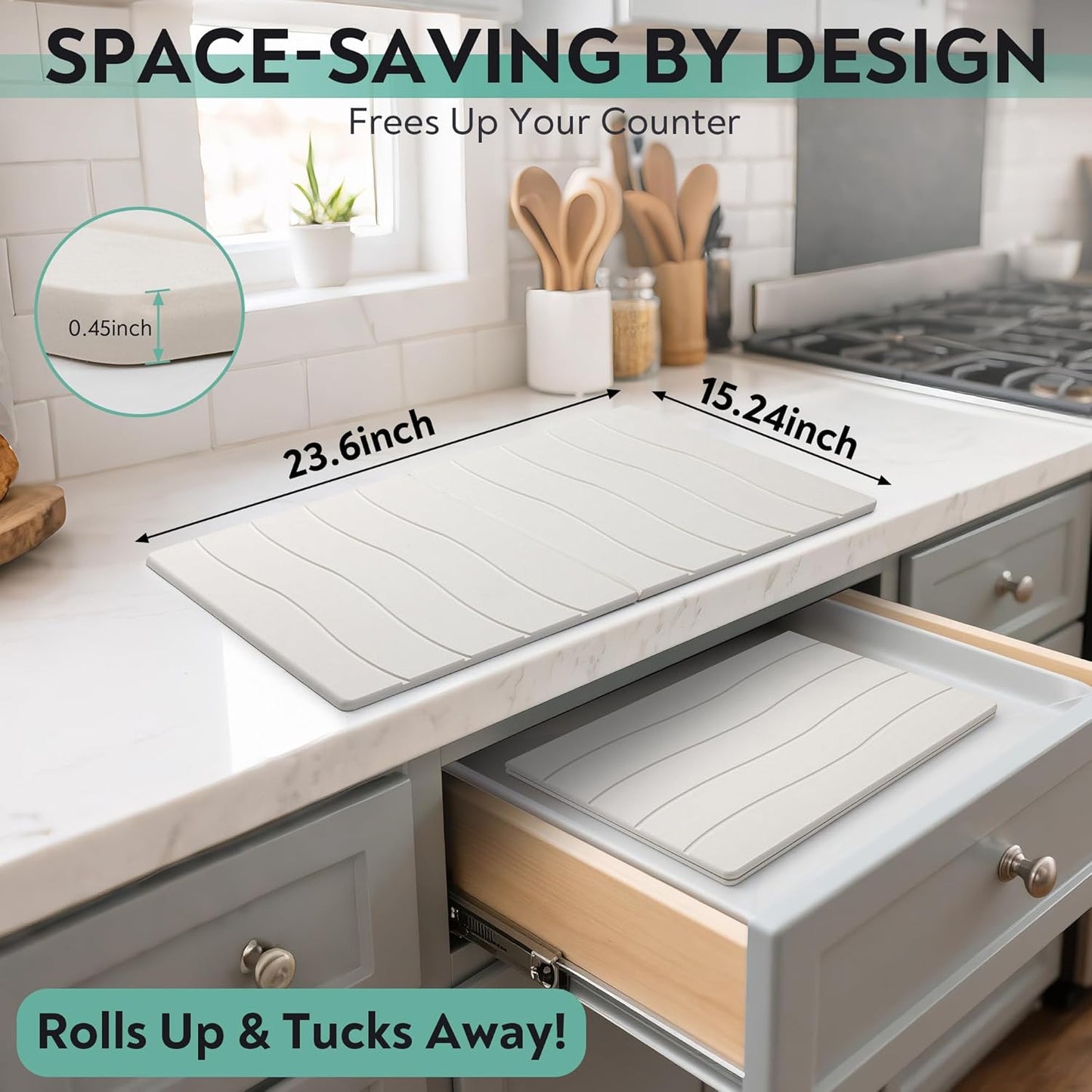 Large Stone Drying Mat for Kitchen Counter, 24x16 Foldable Self Stone Dish Drying Mat, Absorbent Food Grade Diatomaceous Earth Dish Dry Mats for Sink Bathtub