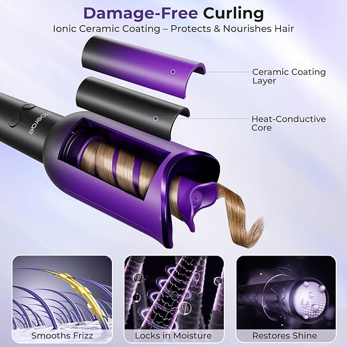 Automatic Curling Iron, Auto Hair Curler with 1" Rotating Curling Iron Barrel & 3 Temps, Anti-Scald & Anti-Tangle Hair Curler Wand, Fast Heating Auto Curler, Purple Black