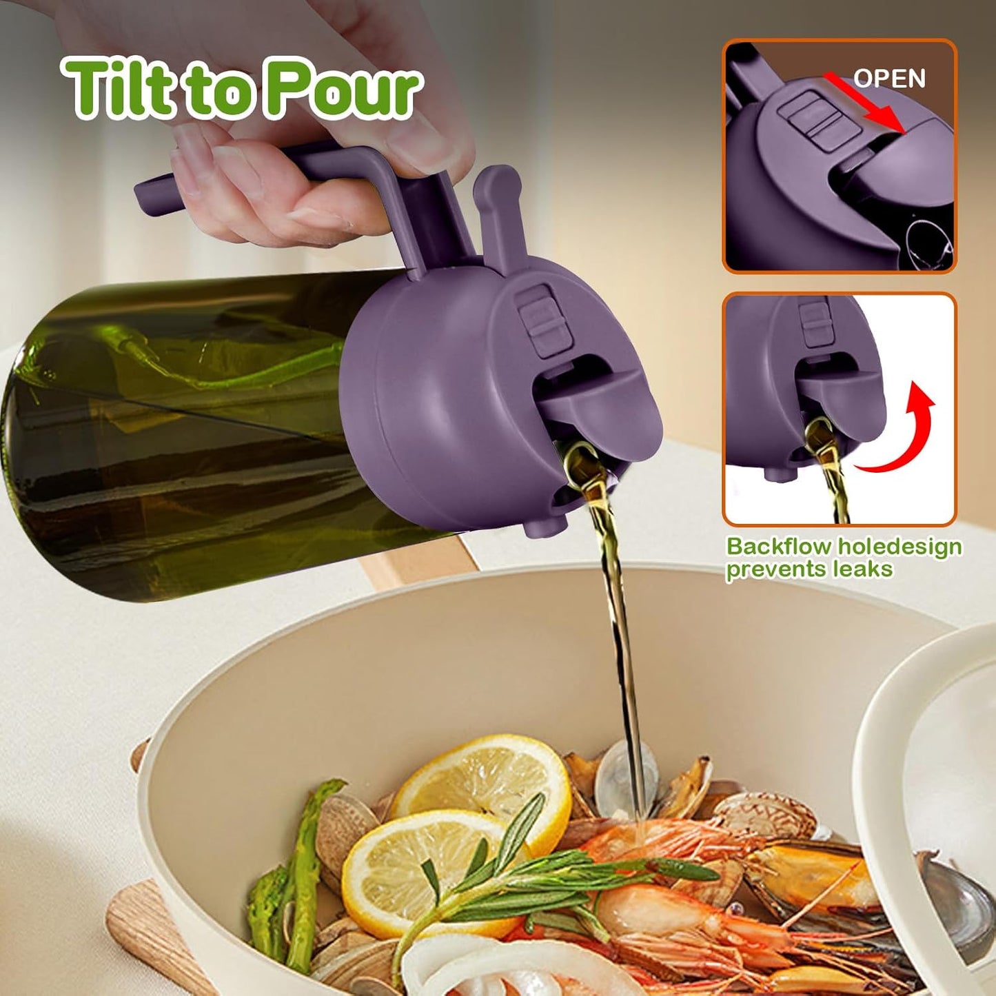 YARRAMATE 2Pcs 16oz/470ml Dark Green Oil Sprayer for Cooking with Stickers, Food-grade Premium 2 in 1 Olive Oil Dispenser Bottle for Kitchen Gadgets, Air Fryer, Salad, Frying, BBQ (Black&Purple)
