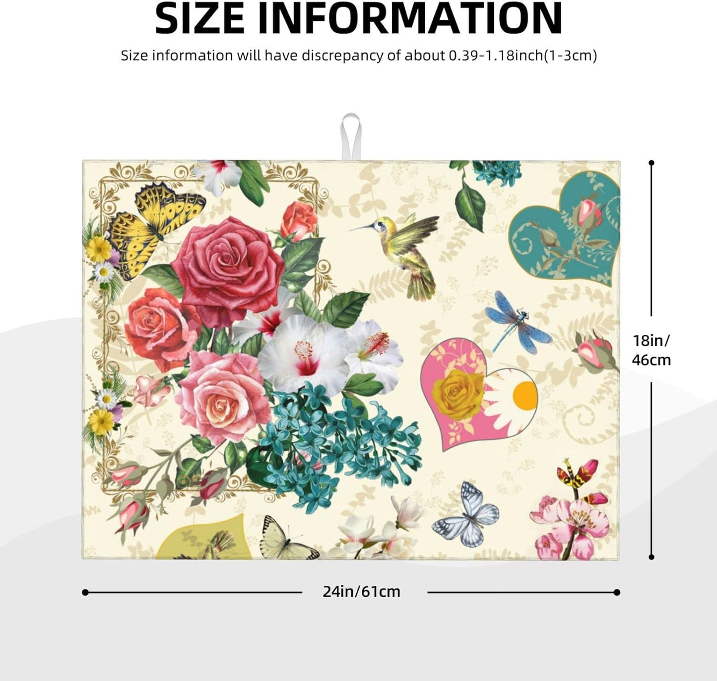 Dish Drying Mat For Kitchen Counter Absorbent Dish Mat Reversible Drainer Drying Kitchen Mat (Beautiful Boho Flowers, 24X18)