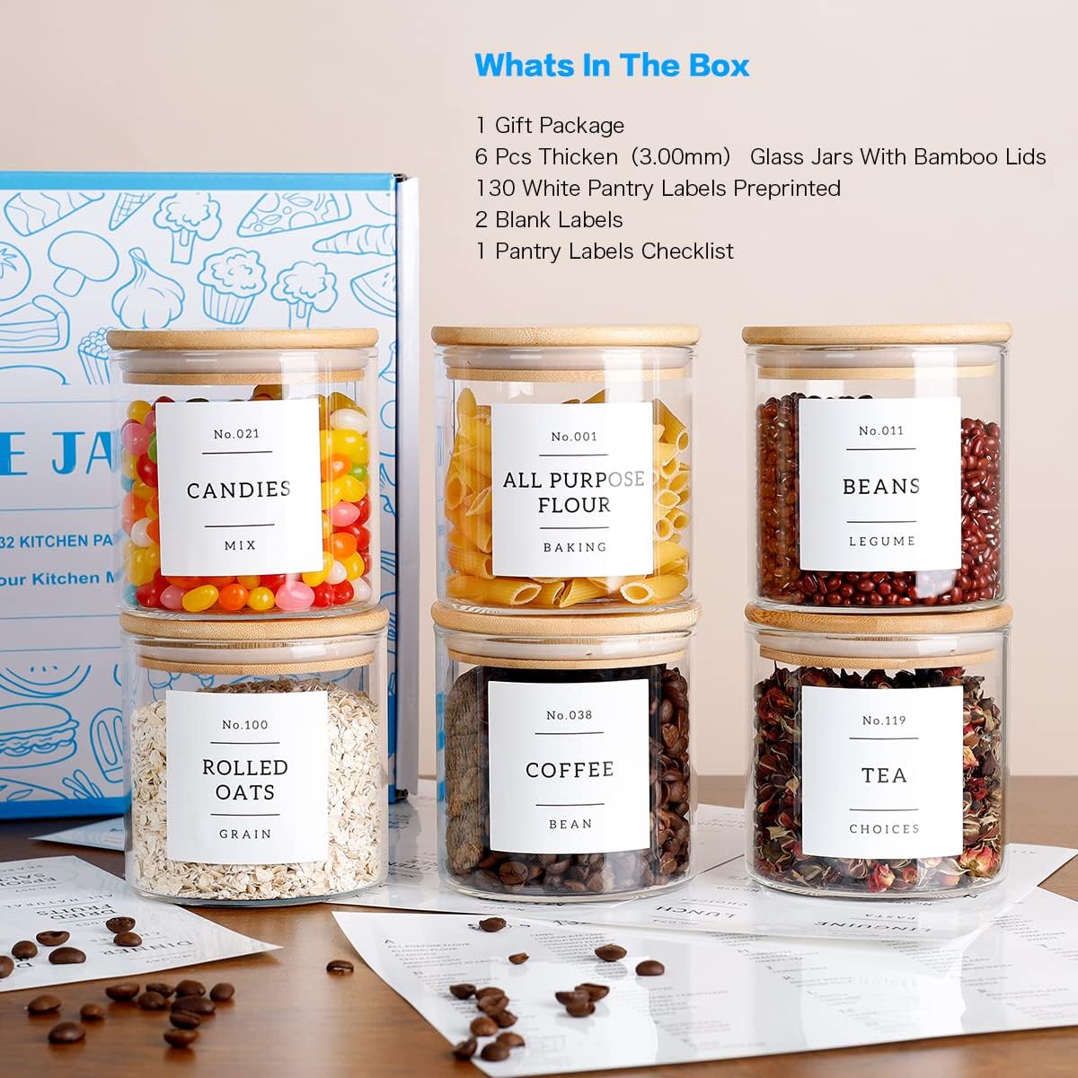 20 OZ Glass Food Storage Jars with 132 Pantry Labels Preprinted - 6 Pcs Thicken Glass Storage Containers with Airtight Bamboo Lid - Clear Kitchen Canister for Spice, Tea, Coffee, Sugar, Cookie, Candy