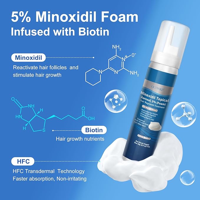 5% minoxidil foam for men, topical minoxidil foam, Biotin-Infused, Hair Growth Treatment, Unscented, Foam, 3-4 Month Supply, Supports Thicker and Fuller Hair & Beard