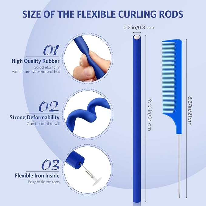 Chuangdi 20 Pcs Flexible Curling Rods Twist Foam Hair Rollers Soft Foam Hair Rods Rollers Curlers and Pintail Comb for Women Long and Short(0.31 x 9.4 Inch,Royal Blue)