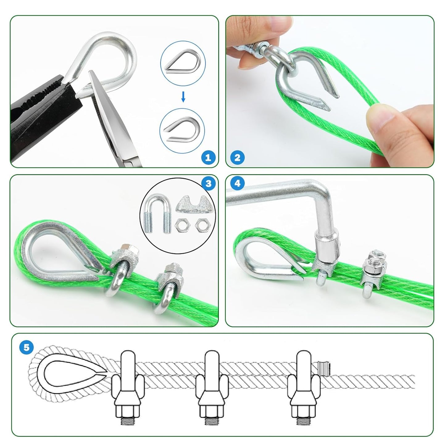 3/16" Wire Rope, 100 Ft PVC Coated Wire Cable Metal Steel Cable Trellis Kit, Multi-use Clothes Line Cable for T Post/Climbing Grapevines Plants Outdoor/String Light Hanging Kit