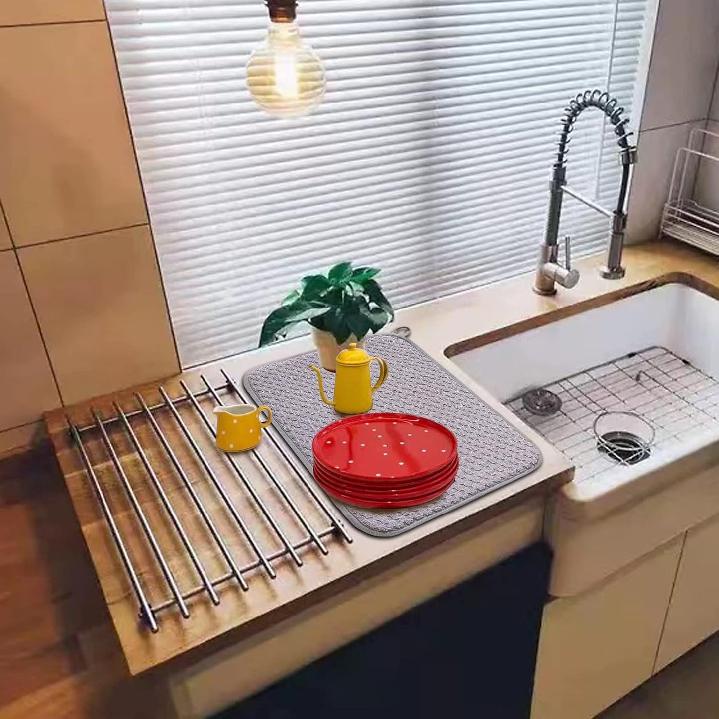 Dish Drying Mats for Kitchen Counter 2 Pack, Dish Drying Pads Absorbent, Washable Microfiber Dishes Drainer Mats (Grey)