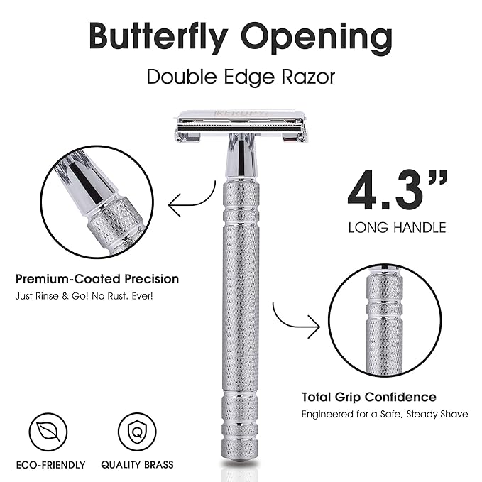 Professional Heavyweight Butterfly Safety Razor for Men - Stainless Steel Single Blade Double Edge De Razor Long Handle with 10 Double Edge Blades - Wet Shaving Kit - Mirror Polished Silver