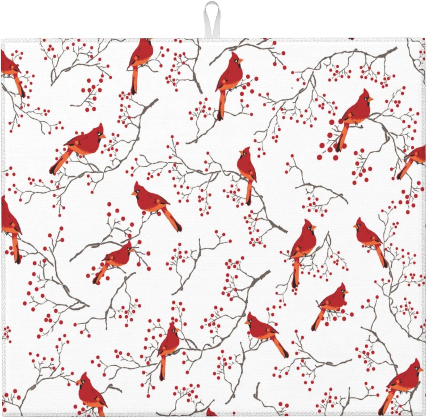 Cardinal Bird Red Berry Decor Kitchen Drying Mat Cute Microfiber Dish Drainer Mat for Kitchen Counter Absorbent Reusable Washable Home Holiday Decor 16x18 Inch