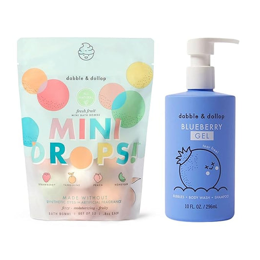 Dabble & Dollop Fresh Fruit Mini Bath Bombs & Blueberry Shampoo, Body Wash, Bubble Bath for Kids - All Natural Fruity Scents, Resealable Pouch, USA Made, Vegan, Gluten-Free, Cruelty-Free (Pack of 2)