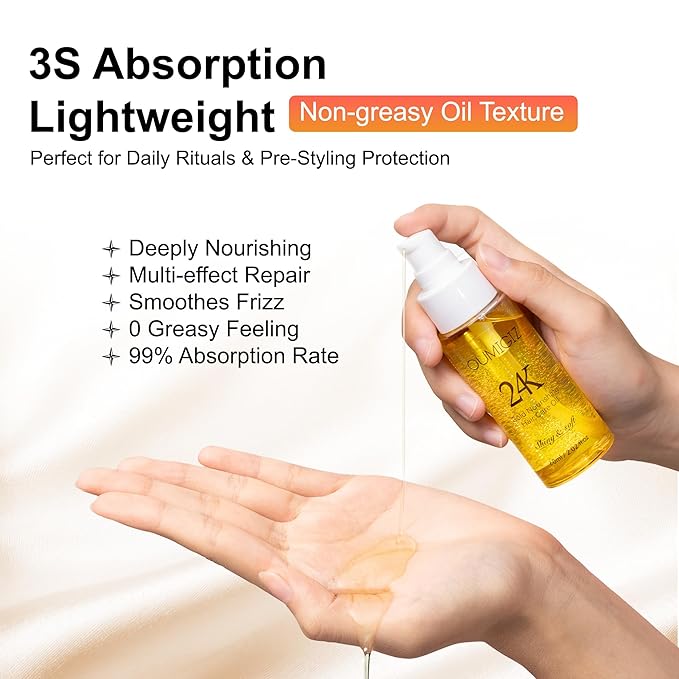 24K Gold Hair Oil, Repair Shine Serum with Coconut, Argan & Olive Oils - Heat Protectant and Frizz Control - Vegan, Lightweight Leave-In Treatment for Dry Damaged Hair (2.02 Fl Oz (Pack of 2))