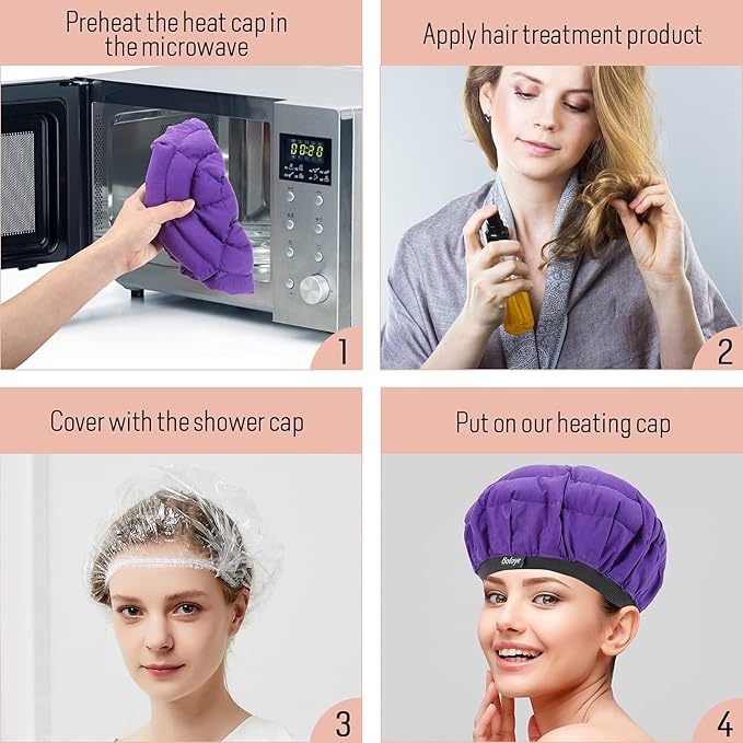 Flaxseed Deep Conditioning Heat Cap - Boloye Cordless 100% Safe Microwave Hot Cap for Natural Curly Textured Hair Care, Drying, Styling, Curling, Universal size (10 PCS One-time shower cap) (Purple)
