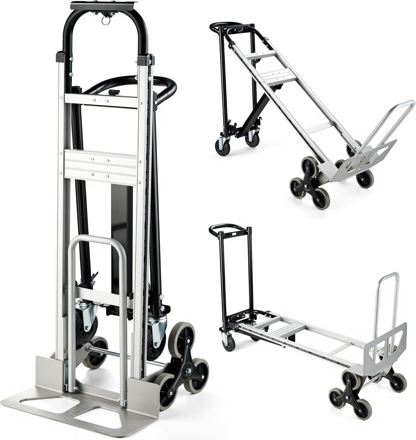 3 in 1 Industrial Convertible Hand Truck, 1000 LBS Capacity Heavy Duty Platform Cart, Utility Aluminum Collapsible Dolly with Stair Climbing Wheels and Dual Handles for Transport, Moving