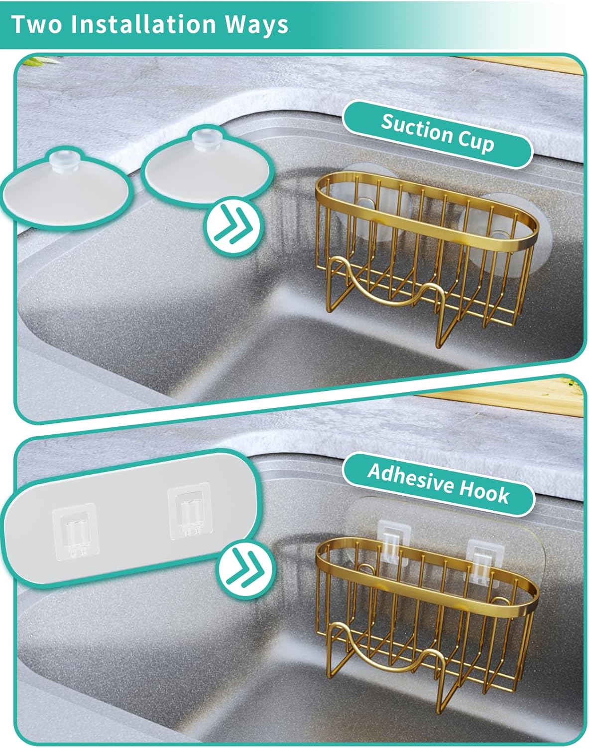 HapiRm Multifunctional Sponge Holder - 2 Installation Methods Sink Caddy with Unique M-shaped, Stainless Steel Kitchen Sink Organizer for Sponge, Brush, Stopper and Scraper - Gold