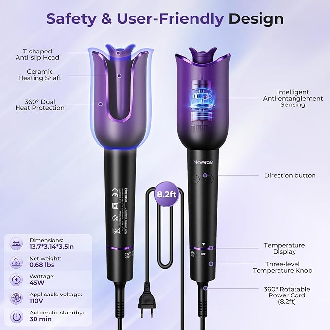Automatic Curling Iron, Auto Hair Curler with 1" Rotating Curling Iron Barrel & 3 Temps, Anti-Scald & Anti-Tangle Hair Curler Wand, Fast Heating Auto Curler, Purple Black