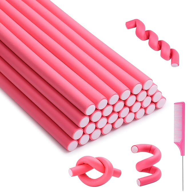 Selizo 30Pcs 9.45"x0.55" Flexible Hair Rollers, Foam Curlers for Short, Medium and Long Hair, No Heat Curlers, Hair Rods - Pink(Diameter 0.55')