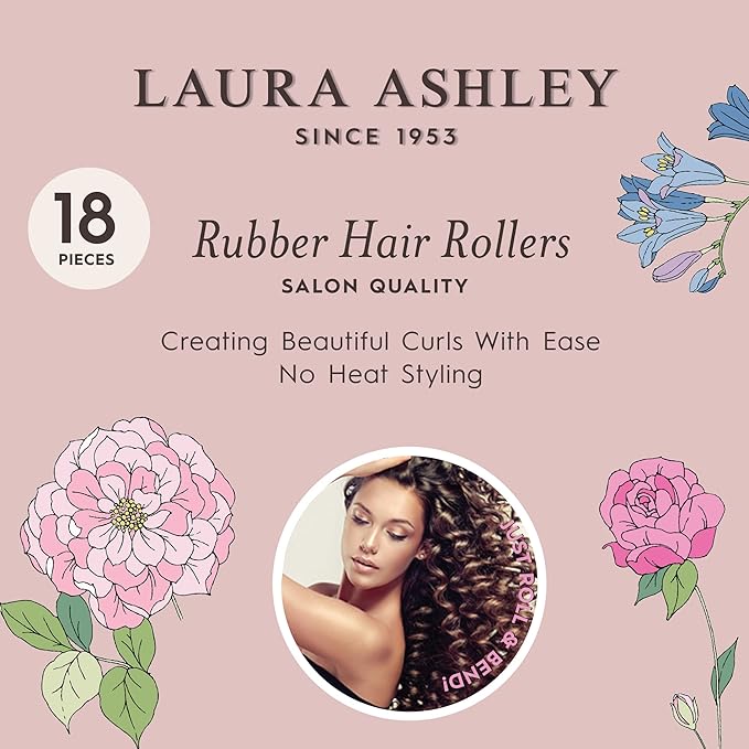 Laura Ashley Flexi Rods Foam Hair Rollers 18 pcs 1/2", 5/8", 3/4", 1" Professional Salon Quality Rubber Hair Rollers for Long, Medium and Short Hair Assorted Colors