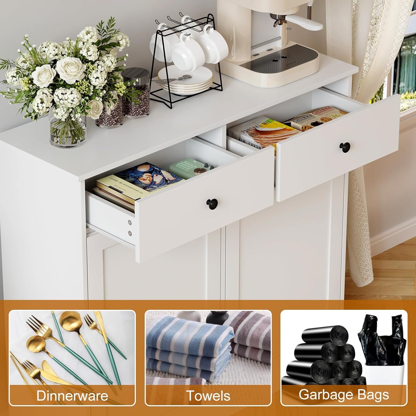 Double Tilt Out Trash Can Cabinet, 2 x 10 Gallon Wooden Trash Bin Cabinet with 2 Hideaway Drawers & Deodorizer, Freestanding Hidden Garbage Can Storage for Kitchen, Dining, Living Room, Pet-Proof Desi