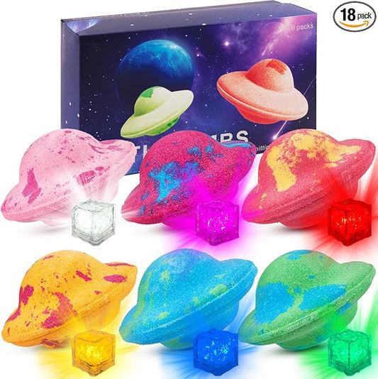 Light Up Bath Bombs with Surprise Light Cube Inside 18 Set 4 Ounce Big Size Romantic Saturn Natural Organic Saturn Bubble Bath Shower Bomb for Women Handmade Bubble Relaxing Spa Gift Bath Skin (6PCS)