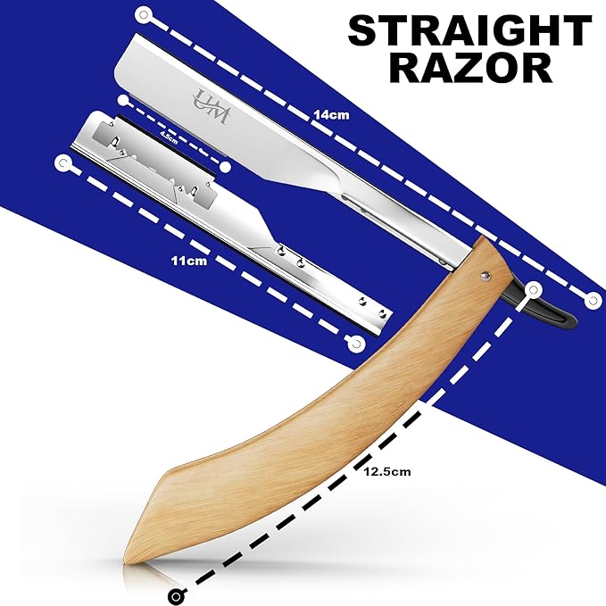 UM Supplies Straight Edge Razor with 100 Replaceable Single Edge Blades kit | Men's Straight Shaving Razors | Navajas para Barbero (Curved Wooden)
