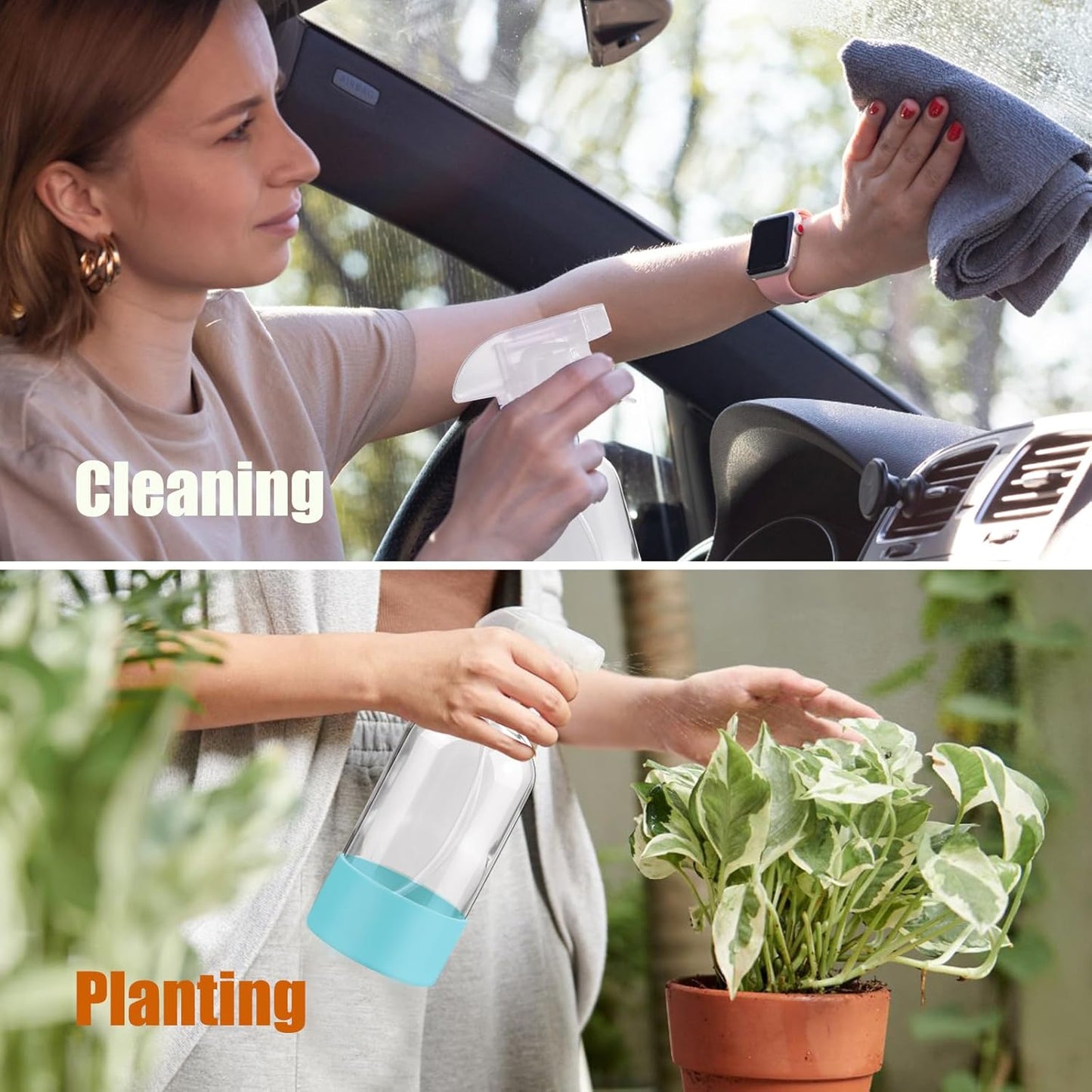 Glass Spray Bottles with Silicone Sleeve Protection, 16 oz 2 Pack, Empty Refillable Containers, Reusable Spray Bottles with Adjustable Nozzle for Hair, Cleaning Solutions and Plants , Blue&Grey