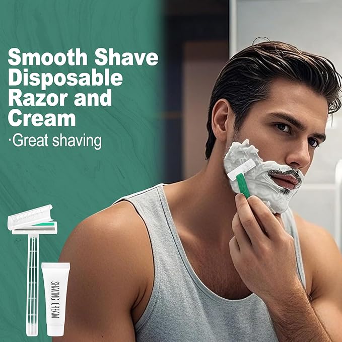 Green Disposable Twin Blade Razors in Bulk, Individually Wrapped with Safety Cap and Shaving Cream (50 Pack) for Homeless, Hotel, Airbnb, Shelter