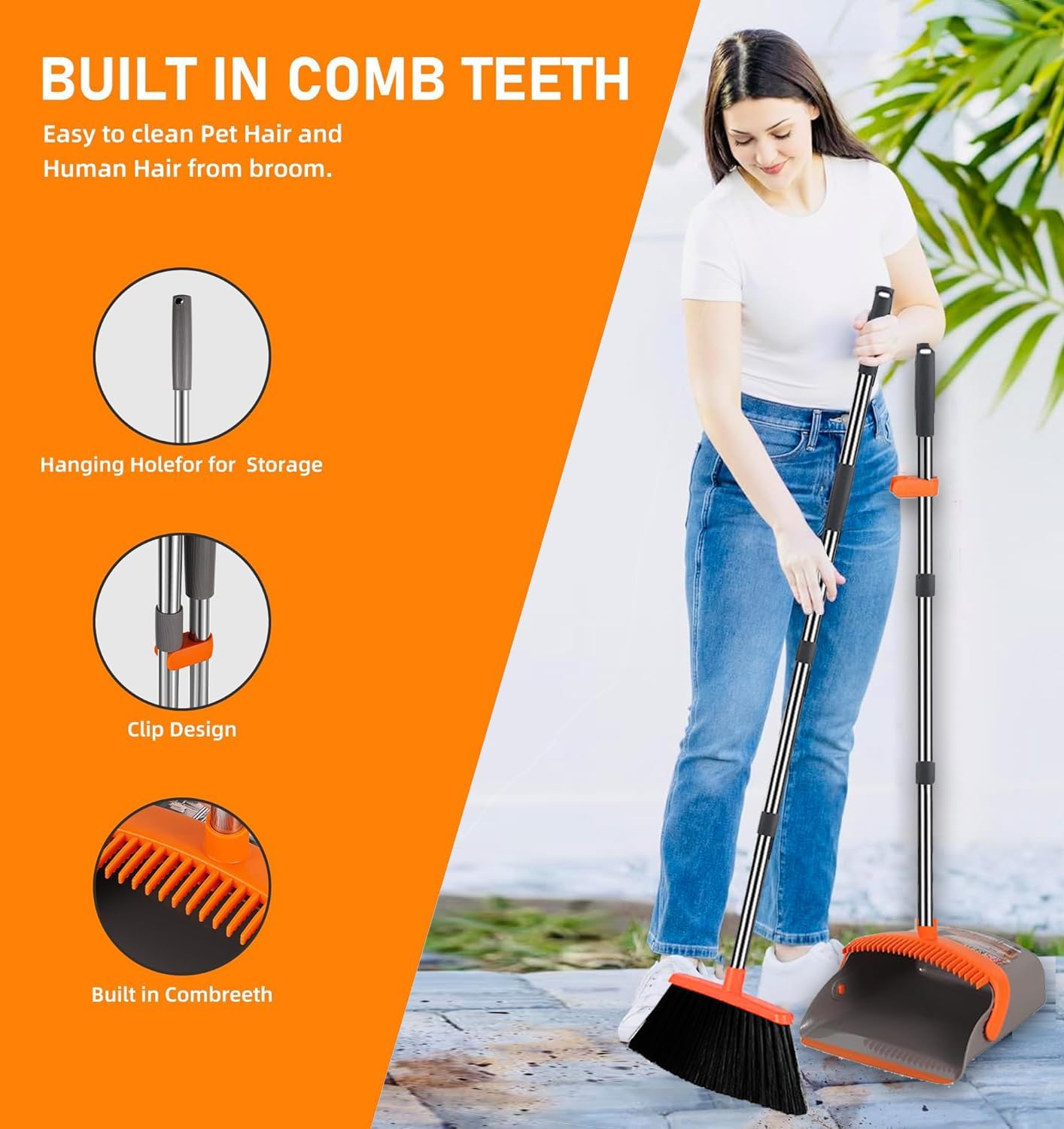 2-Pack is More economical，Upgraded Upright Broom and Dustpan Combo with 52" Long Handle, Dustpan Teeth with self-Cleaning Function, Indoor and Outdoor Sweeping, Perfect for Home Office