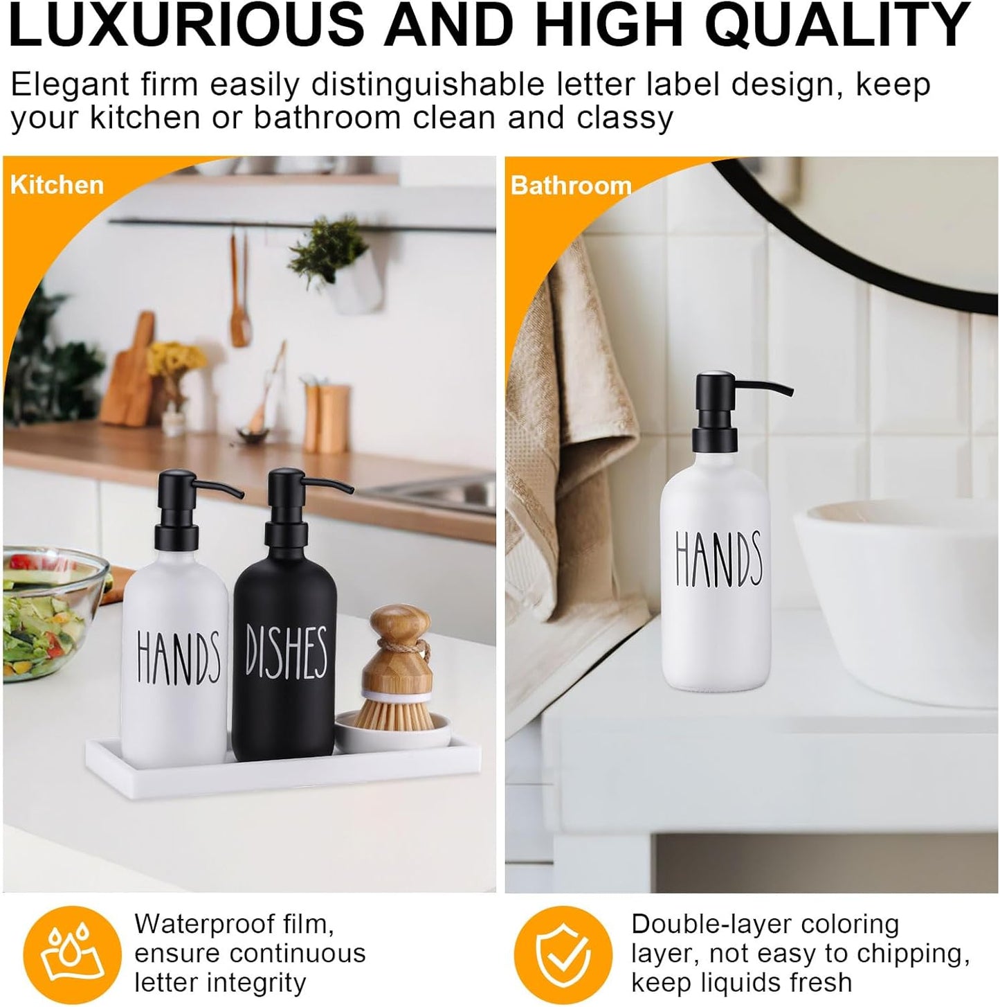 Glass Soap Dispenser for Kitchen, Farmhouse Dish Soap Dispenser&Hand Soap Dispenser Set,Rustproof Pump Soap Lotion Dispenser Set with Tray and Dish Brush,Kitchen Decor(Black&White)