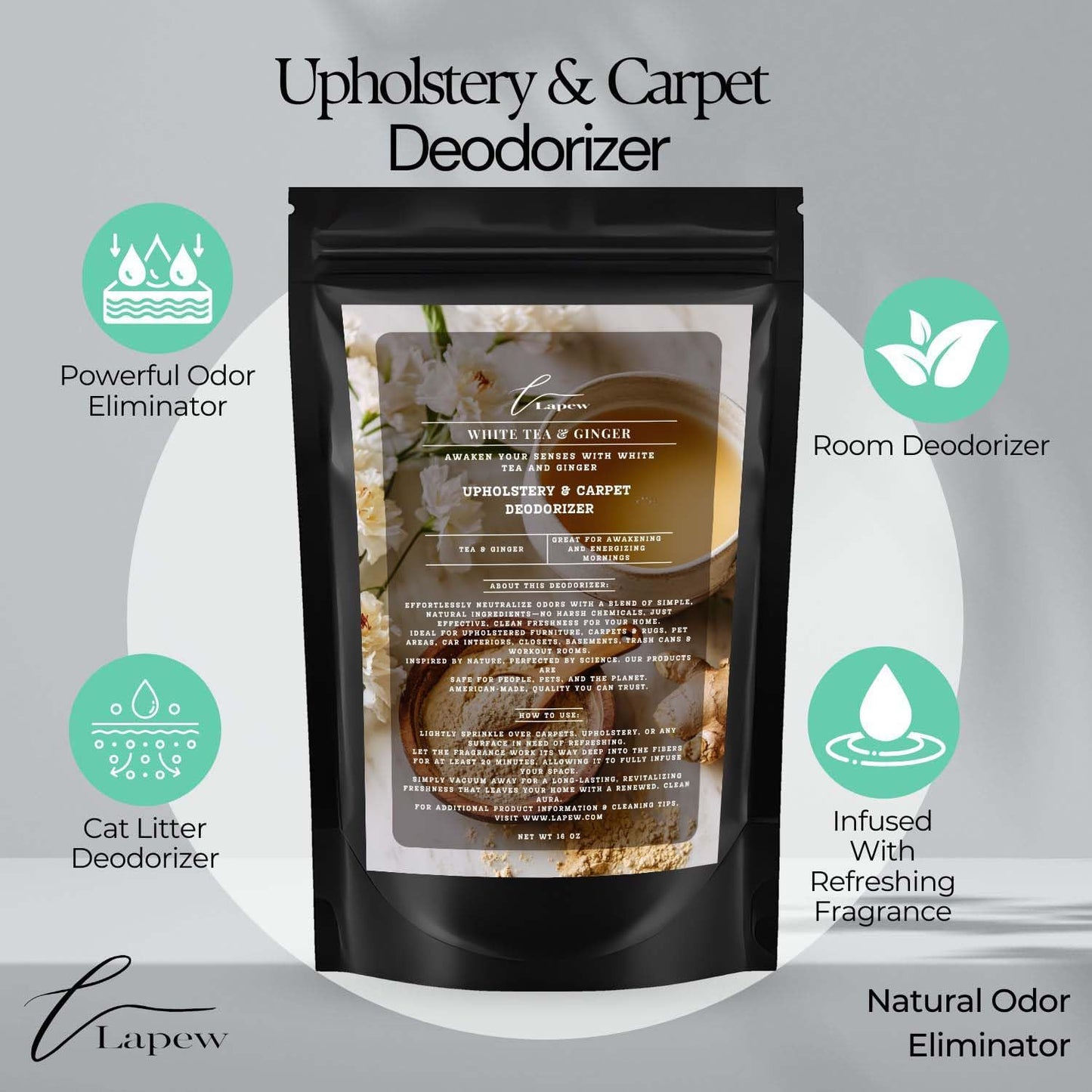 White Tea & Ginger Carpet Freshener Powder: Powerful Odor Eliminator for Home, Upholstery Deodorizer, Carpet Deodorizer, Pet Urine, Cat Litter Box - White Tea & Ginger Fragrance.