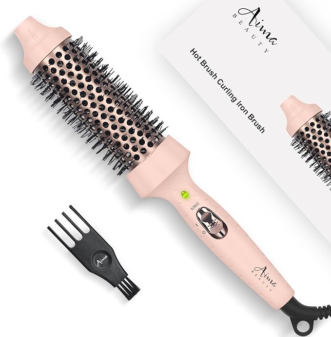 Aima Beauty Hair Curling Iron Brush, 1.5"/40mm Hot Round Brush, Create Smooth & Shiny Loose Curls, Fast Heating Thermal Brush, Dual Voltage, 60Mins Auto Shut Off, Pink