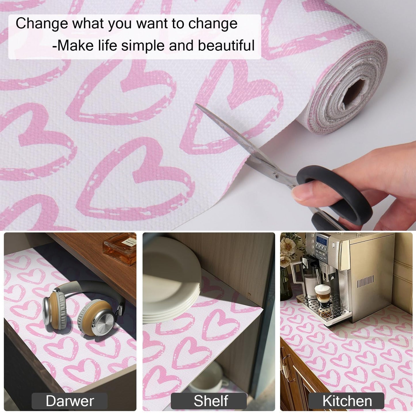 Heart Drawer Liner for Cabinets 16IN x 20FT,Shelf Liner Non-Adhesive and Strong Non-Slip Cabinet Drawer Liners for Kitchen,Table,Bookshelves,Waterproof Cupboard Liners,Pink