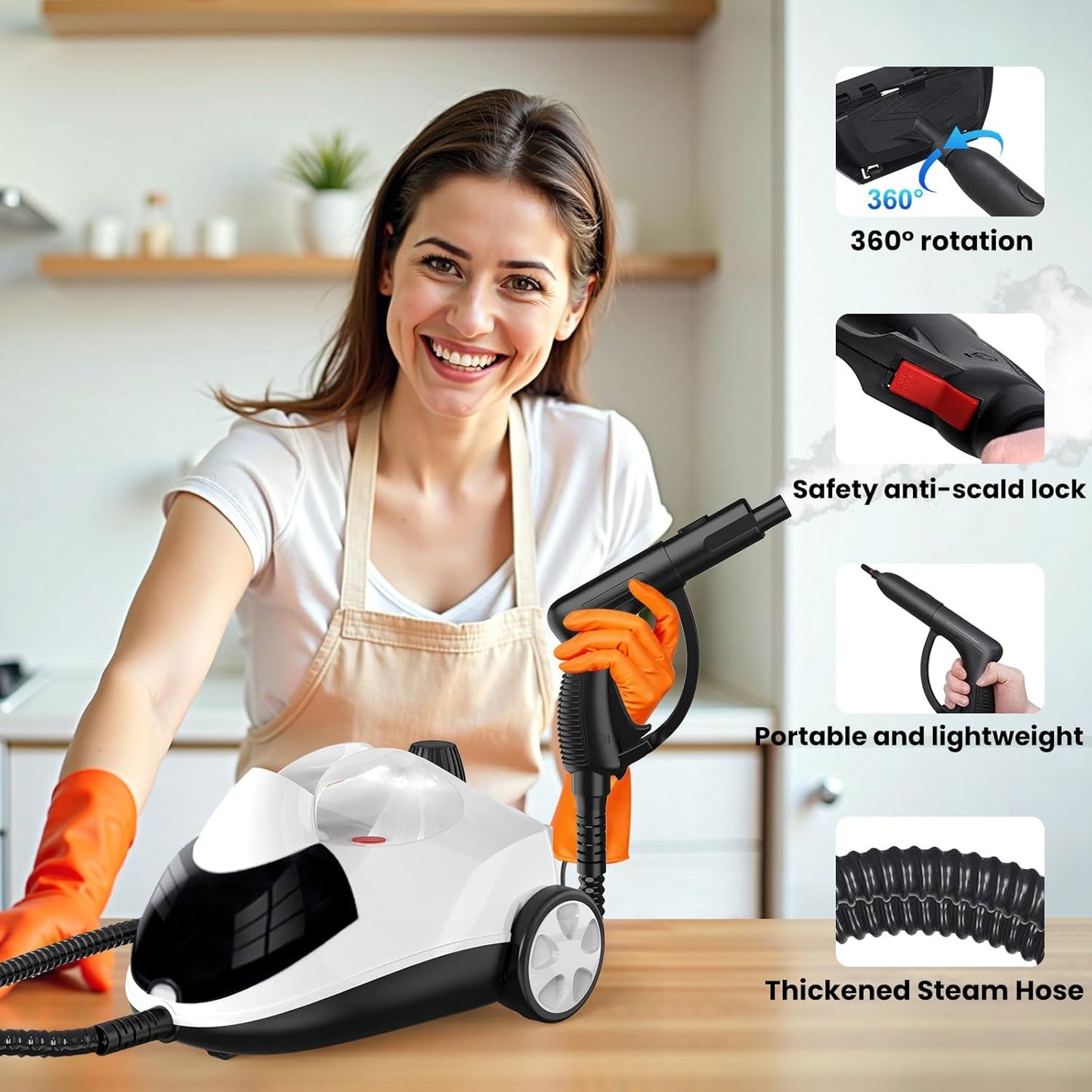 Steam Cleaner 1.5L Steamer for Cleaning Fast Heating 6-in-1 Multi-Surface with 8 Accessories UL499 Certified Portable High Pressure Steam Cleaner for Home, Car, Floors, Sofas, Tiles, Grout