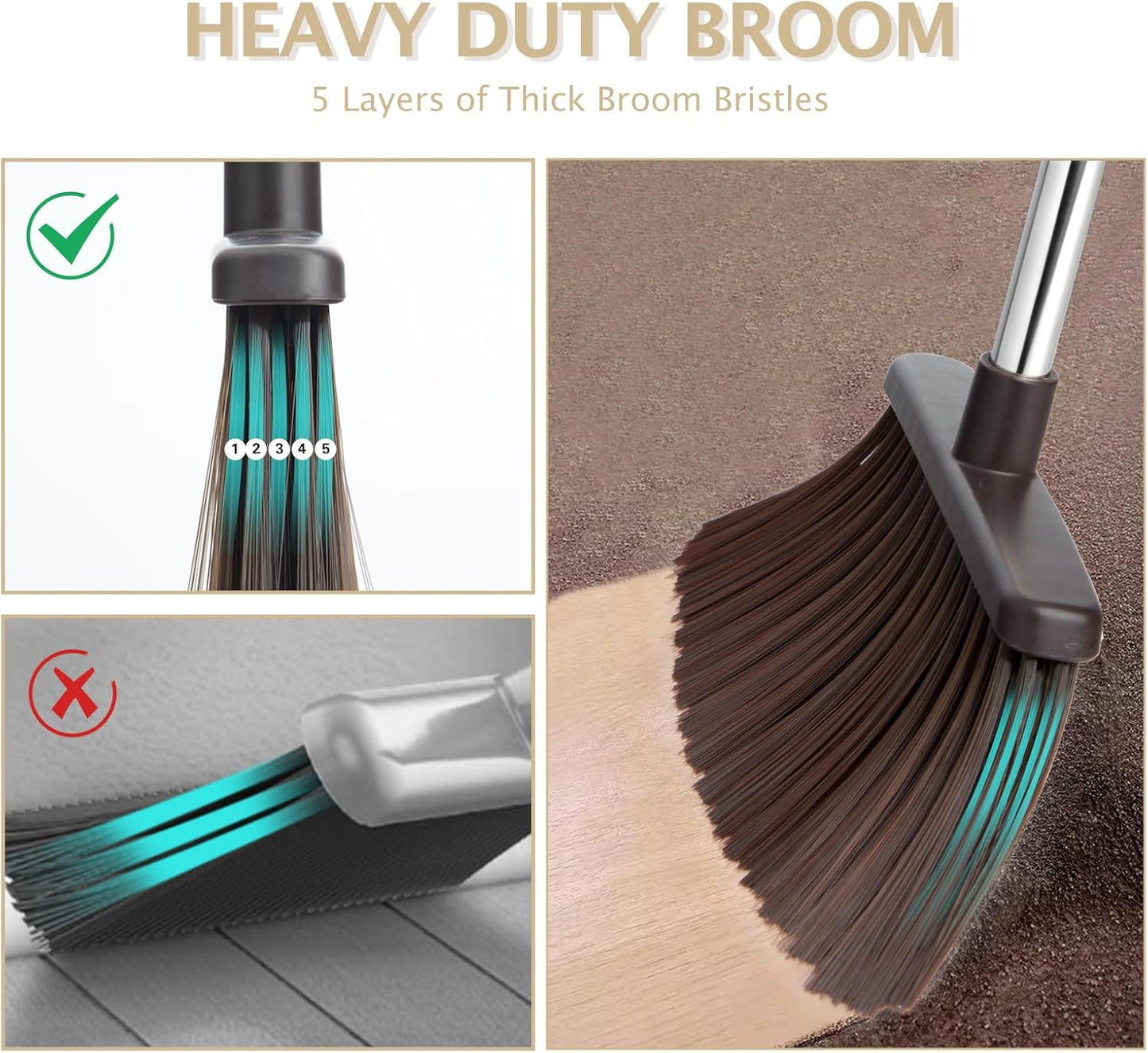 Broom and Dustpan Set with Long Handle, Heavy Dust Broom and Dustpan Combo for Home，Kitchen, Office, Pet Hair(Beige)
