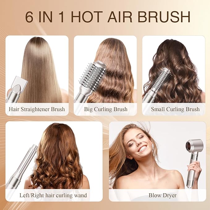 [500 Million Negative lons] Hair Dryer Brush 6 in 1, 140,000 RPM One Step Professional Hot Air Brush Set for Fast Drying, Curling Drying, Straightening Combing, Best for Straight and Wavy Hair