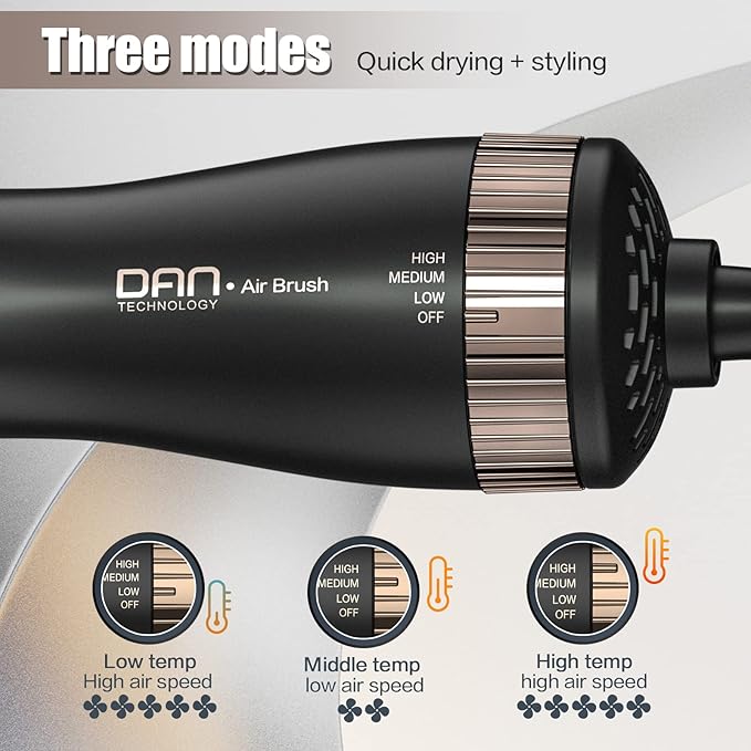 Dan Technology Blow Dryer Brush 1.5 Inch Round Blowout Brush 4-in-1 Hot Air Hair Dryer Brush & Styler, Comb, Straightener & Curler with Titanium & Ionic (Black-Rose Gold)