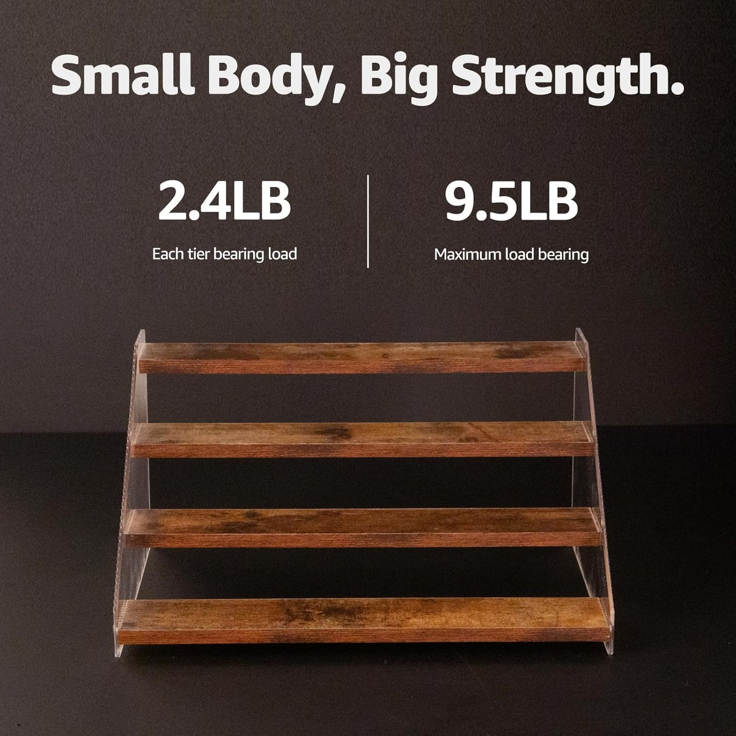 nianfeng Tiered Spice Rack, 4-Tier Spice Pantry Kitchen Cabinet Organizer, 12-Inch, Natural Wood Acrylic Stair Riser Stand, Countertop Seasoning Shelf (Rustic Brown)