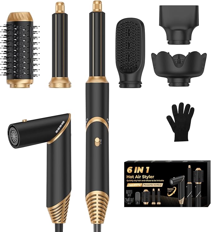 6 in 1 Hair Dryer Brush, Foldable Blow Dryer Brush with Wrap Curler, Detachable Air Hair Styler Curling, Drying,Volumizing, Straightening, Negative Ionic Hair Dryer with Diffuser, Hair Styling Tools