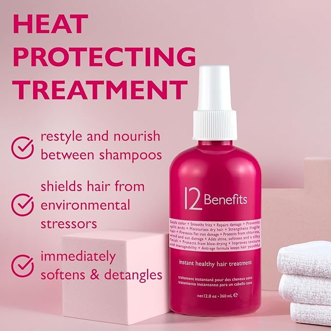 12 Benefits Instant Healthy Hair Treatment - Leave In Conditioner Spray with Quaternium 39 and Silk Fibre Protein - Smooths Frizz, Strengthens & Repairs Damaged Hair - (12 Fl Oz)