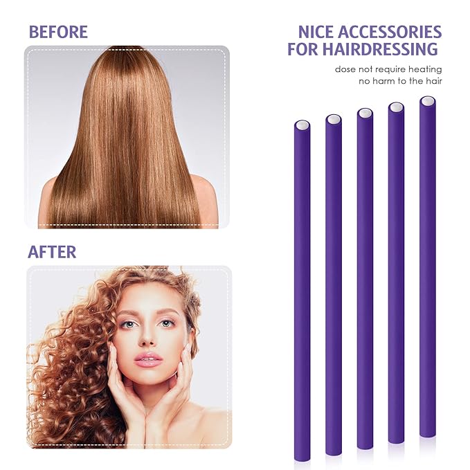 Syhood 30 Pcs Flexible Curling Rods 9.45 Twist Foam Rollers Soft Foam No Heat Hair Rods Rollers and 1 Steel Pintail Comb Rat Tail Comb for Women Long Short Hair(Purple,9.45 x 0.47 Inch)